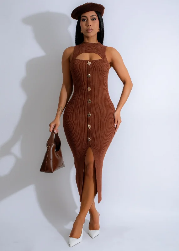 Aria Keyhole Knit Ribbed Midi Dress Brown