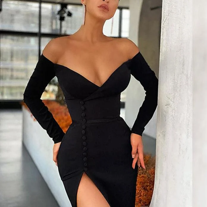 KittenAlarm - Arianna Off Shoulder High Slit Solid Dress