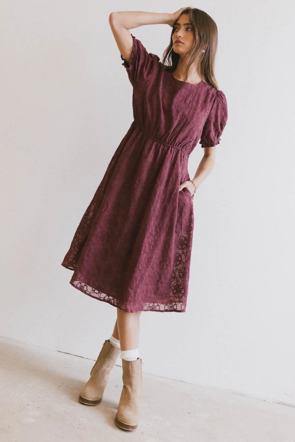 Cecy Embroidered Midi Dress in Burgundy