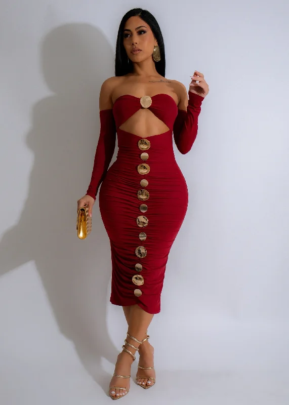 Gilded Cascade Midi Dress Red