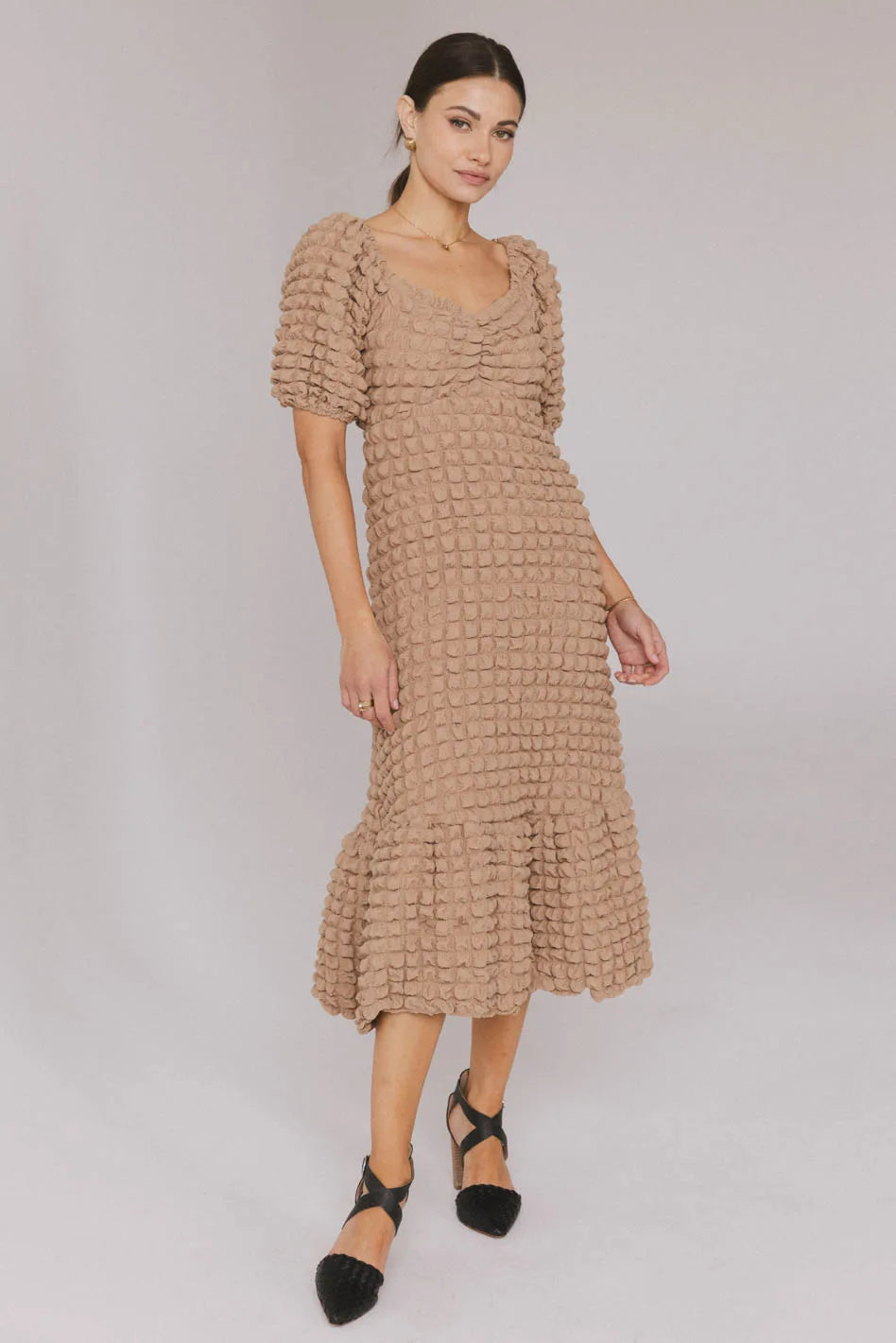 Miley Bubble Texture Dress in Tan