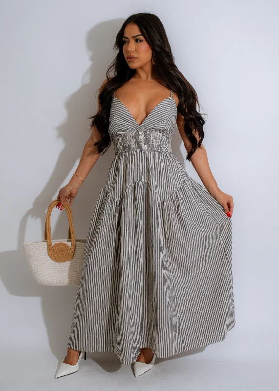 Nautical Breeze Stripes Midi Dress Grey