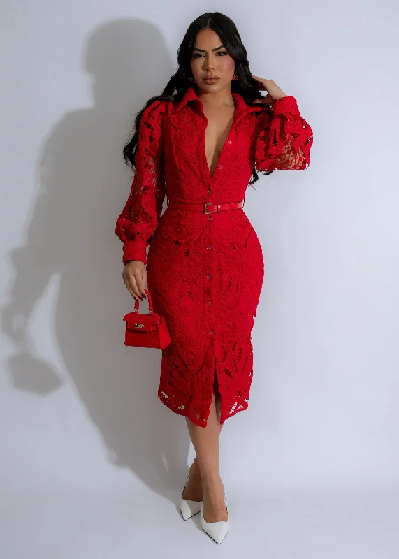 Radiant Intrigue Lace Midi Dress Red