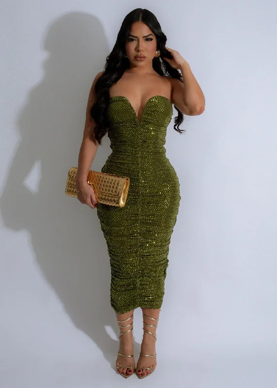 Stellar Allure Sparkles Ruched Midi Dress Green