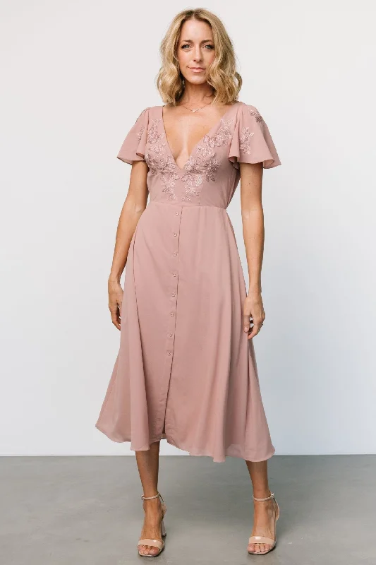 Swan Bead Embroidered Midi Dress | Dusty Rose