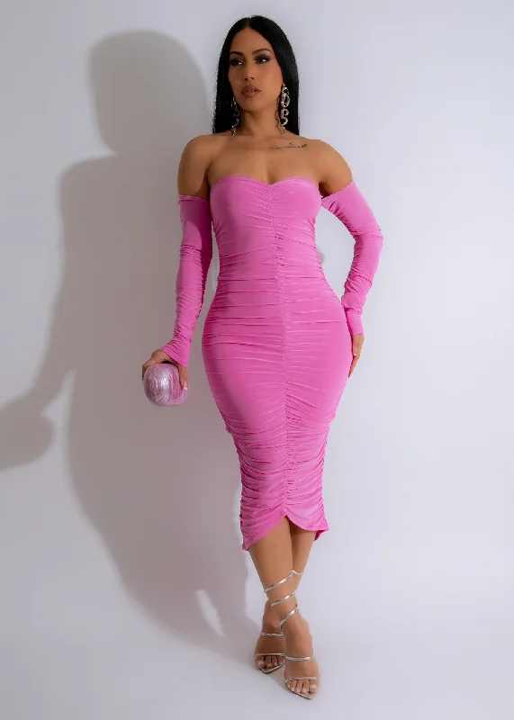 Vibrant Charm Ruched Midi Dress Pink