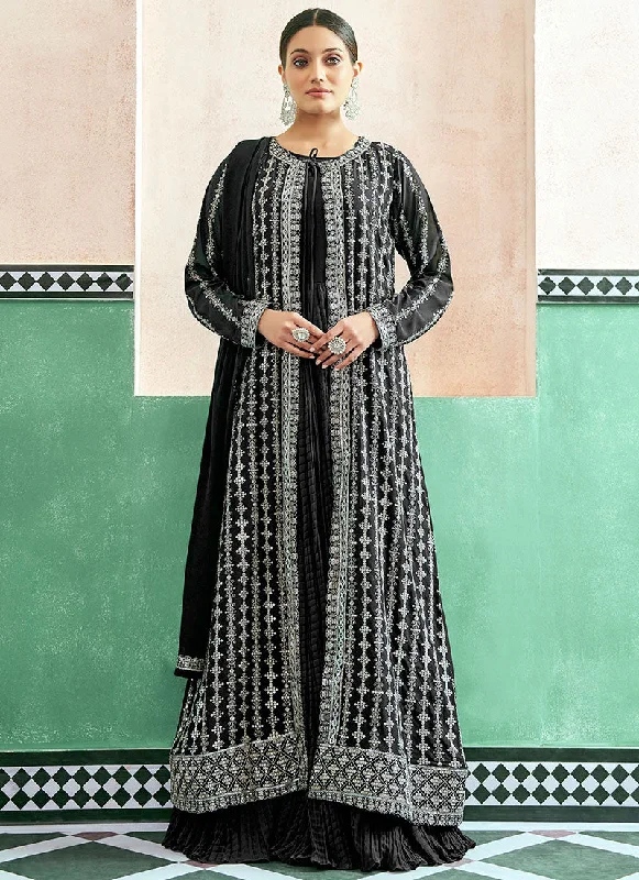 Black Embroidery Jacket Style Anarkali Dress