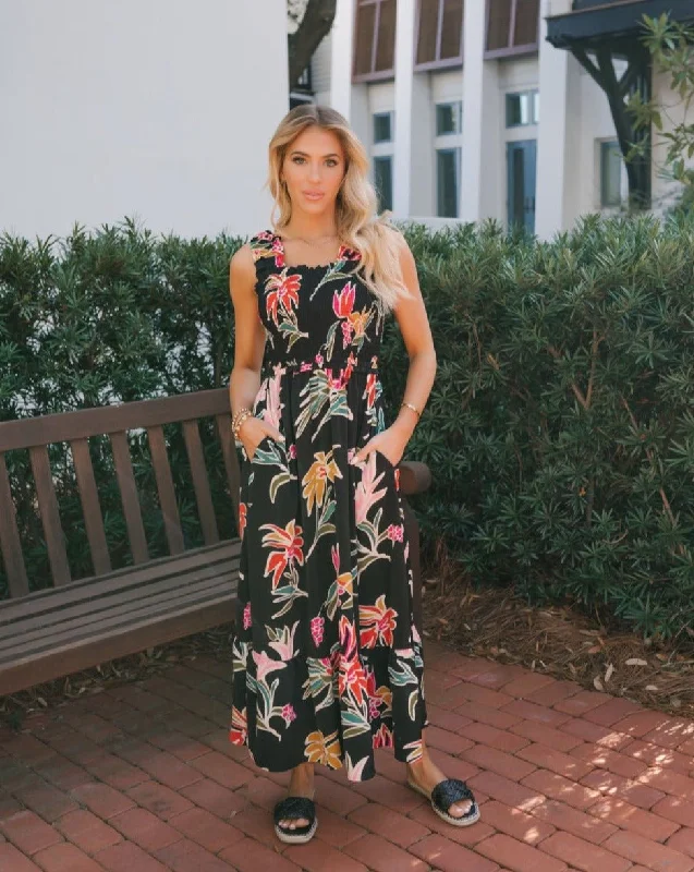 Black Print Smocked Maxi Dress - FINAL SALE