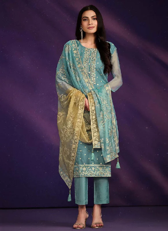 Blue And Yellow Embroidered Salwar Kameez Suit