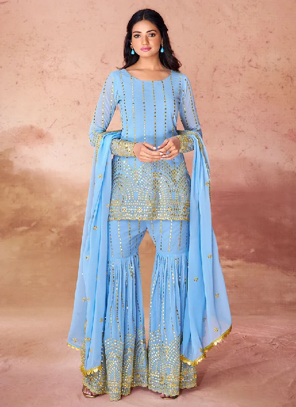 Blue Sequence Embroidery Traditional Gharara Style Suit