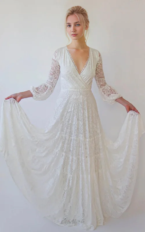 Casual Country Boho Lace A-Line Reception Wedding Dress Rustic Chic Elegant V-Neck Sleeved Maxi Bridal Gown