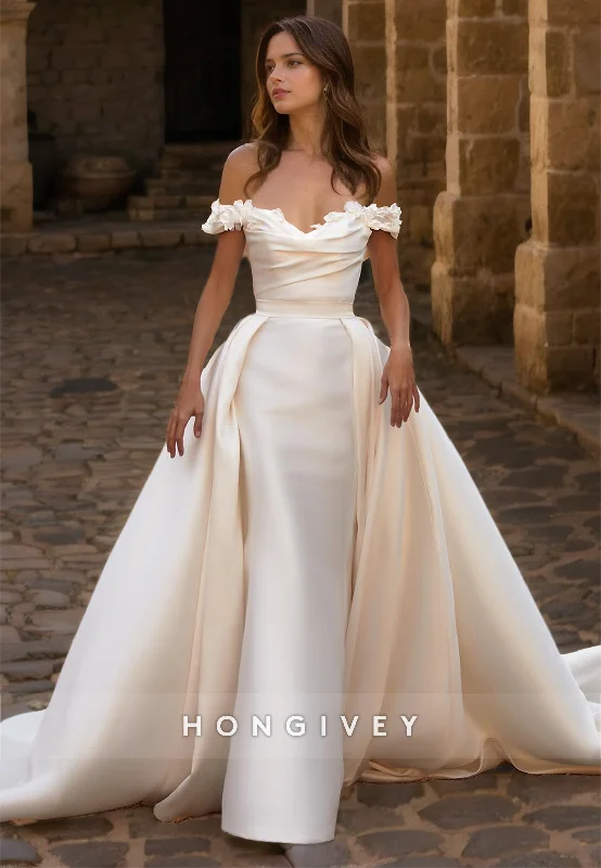 HONGIVEY Off-Shoulder Wedding Dress with Train Elegant New Satin Mermaid Bride Gown