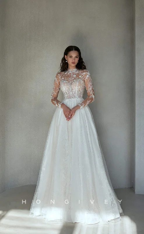 H0820 - Allover Lace Embroidered Pearl Embellished Sheer With Overlay And Train Wedding Dress