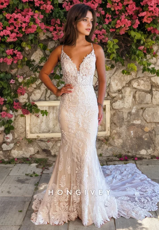 H1315 - Sexy Lace A-Line V-Neck Beaded Spaghetti Straps Empire Appliques With Train Wedding Dress