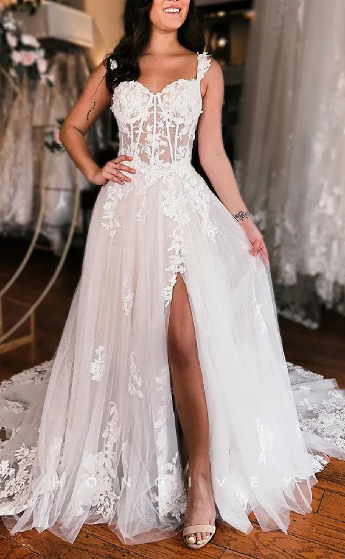 H1325 - Sexy Tulle A-Line Sweetheart Straps Illusion Empire Empire Appliques With Side Slit Train Wedding Dress