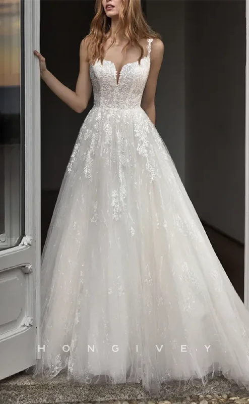 H1360 - Sexy Tulle A-Line Sweetheart Spaghetti Straps Empire Beaded Appliques With Train Wedding Dress