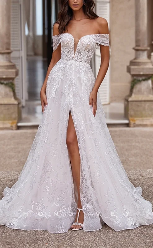 H1361 - Sexy A-Line Off-Shoulder Empire Illusion Fully Appliques With Side Slit Train Wedding Dress