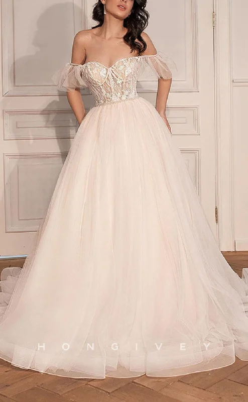 H1391 - Sexy Tulle A-Line Off-Shoulder Empire Beaded Appliques Bowknot With Train Wedding Dress