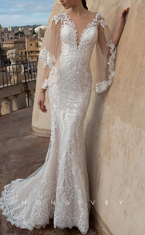 H1402 - Sexy Trumpet Lace V-Neck With Long Bell Sleeves Empire Appliques Wedding Dress