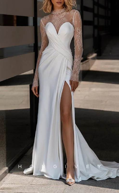 H1403 - Sexy Satin A-Line Lace High Neck Long Sleeve Empire Ruched With Side Slit Train Wedding Dress