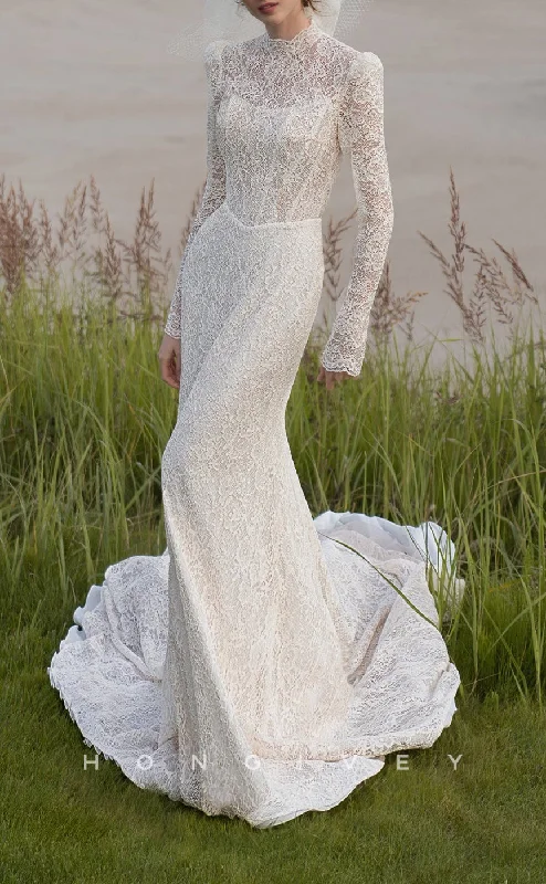 H1415 - Sexy Trumpet Lace High Neck Long Sleeve Empire Appliques With Train Wedding Dress