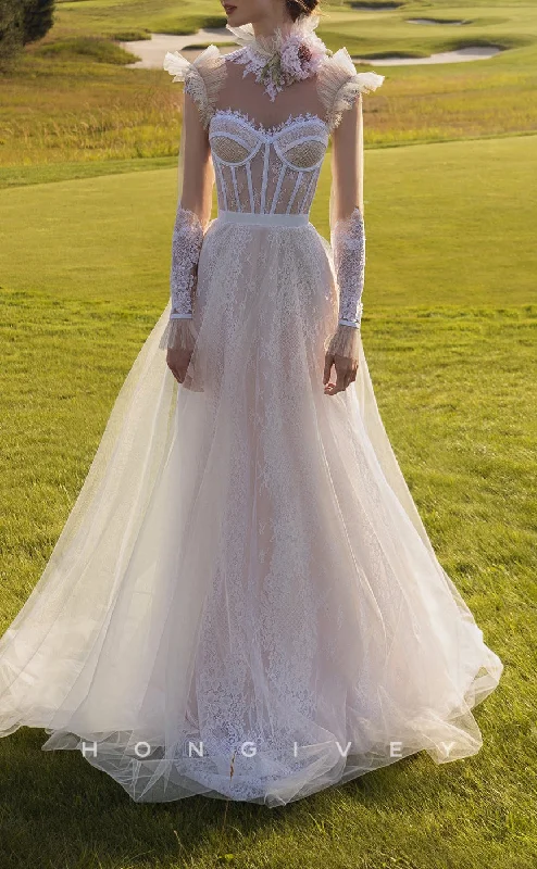 H1416 - Sexy Tulle A-Line Sweetheart Lace Long Sleeve Empire Appliques With Tulle Train Wedding Dress