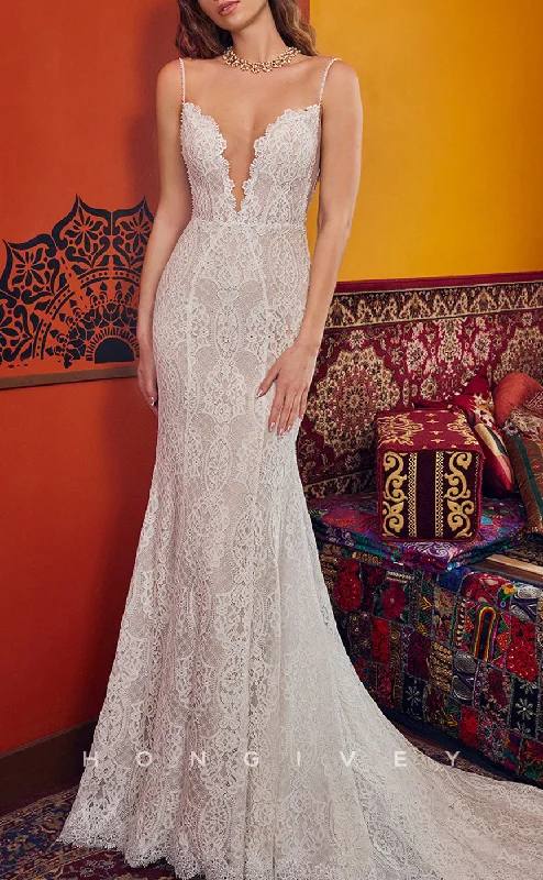 H1418 - Sexy Trumpet Lace V-Neck Spaghetti Straps Detachable Sleeves Empire With Train Boho Wedding Dress