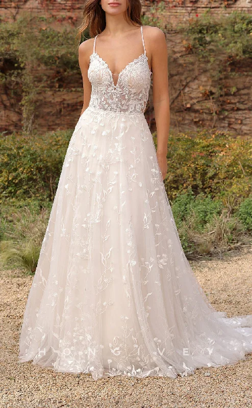 H1419 - Sexy Tulle A-Line Sweetheart Spaghetti Straps Empire Illusion Appliques With Train Wedding Dress