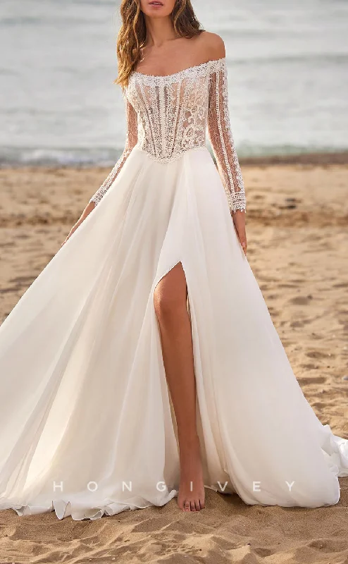 H1524 - Sexy Tulle A-Line Off-Shoulder Long Sleeve Illusion Empire Appliques With Side Slit Train Boho Wedding Dress