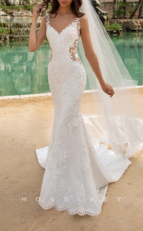 H1532 - Sexy Lace Trumpet V-Neck Spaghetti Straps Illusion Empire Appliques With Train Wedding Dress