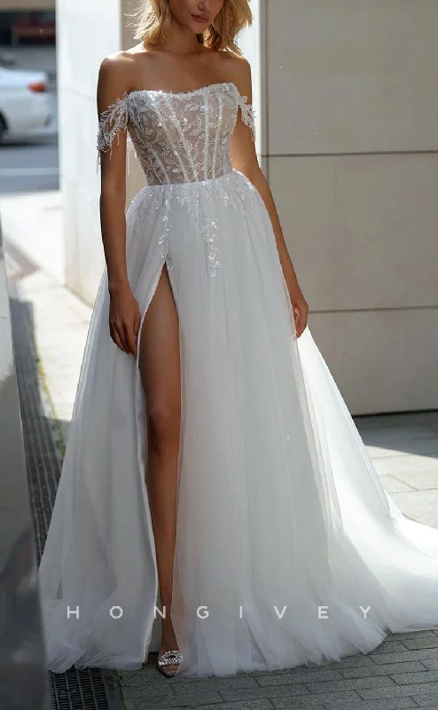 H1539 - Sexy Tulle A-Line Bateau Off-Shoulder Illusion Empire Appliques With Side Slit Train Wedding Dress