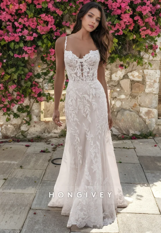 H1581 - Classic Lace Trumpet Sweetheart Spaghetti Straps Illusion Empire Appliques With Train Wedding Dress