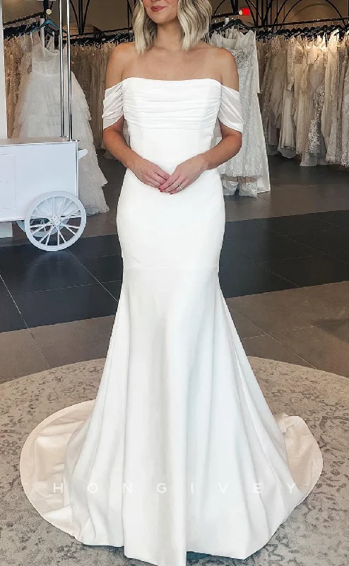 H1630 - Simple Satin Off-Shoulder Empire Ruched With Train Beach Wedding Dress