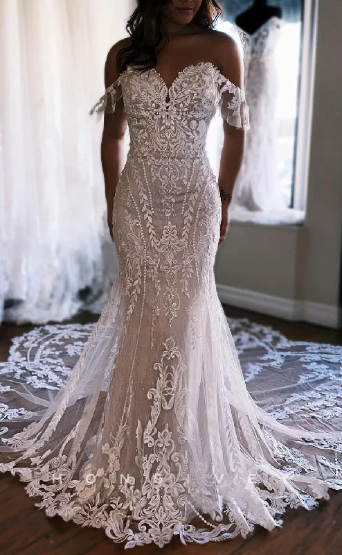 H1637 - Classic Lace Trumpet Sweetheart Off-Shoulder Empire Appliques With Train Boho Wedding Dress