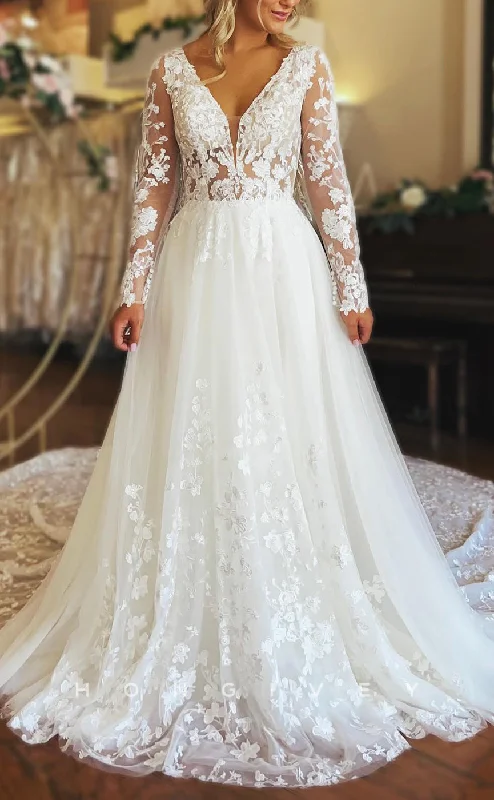 H1638 - Chic Tulle A-Line V-Neck Long Sleeve Illusion Empire Lace Applique With Tulle Train Wedding Dress