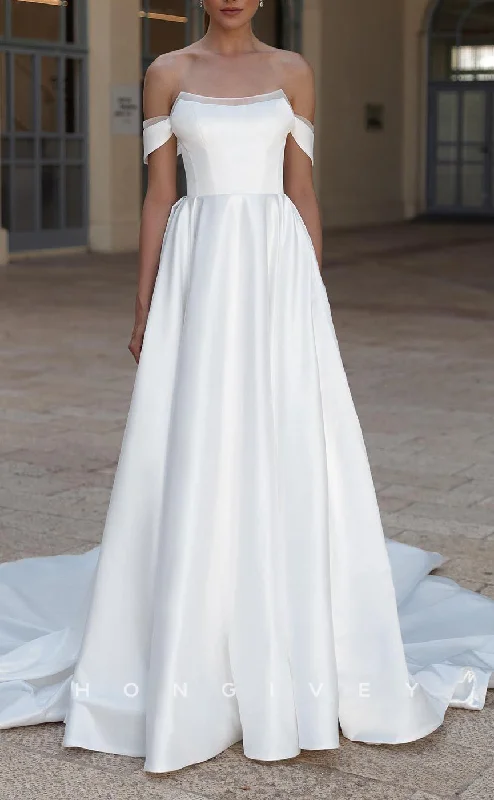 H1666 - Bateau Off-Shoulder Satin A-Line With Train Wedding Dress