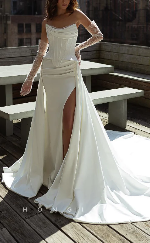 H1667 - Bateau Strapless Ruched Lace Applique With Side Slit Train Wedding Dress