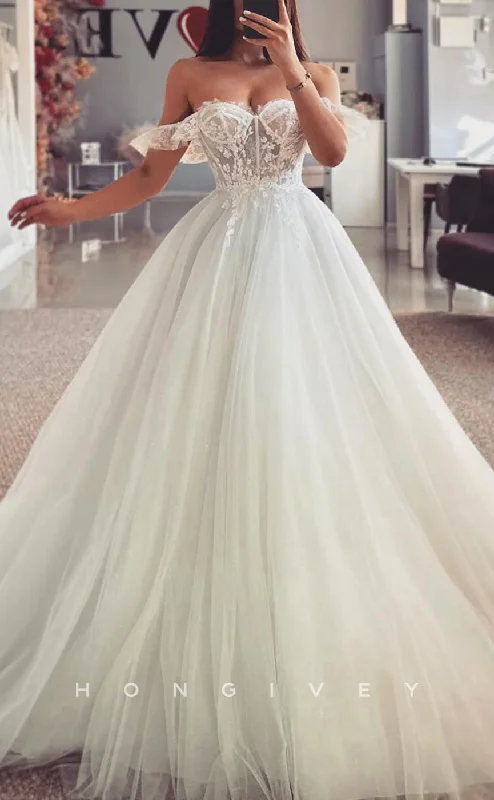 H1686 - Tulle A-Line Off-Shoulder Sheer Lace Applique With Train Wedding Dress