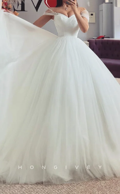 H1695 - Sweetheart Off-Shoulder Tulle A-Line With Train Wedding Dress