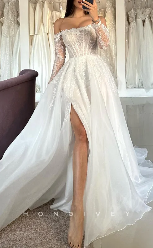 H1687 - Off-Shoulder Long Sleeve Lace Applique With Side Slit Wedding Dress