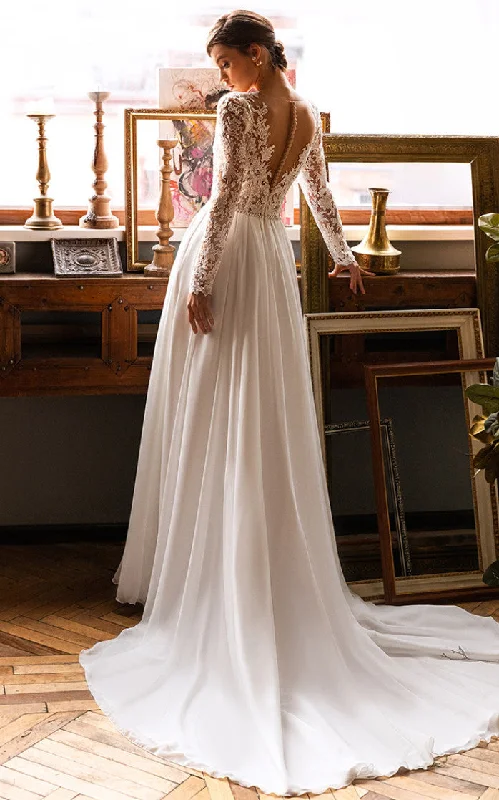 Ethereal Princess Boho Lace A-Line Wedding Dress with Sleeves Floral Garden Beach V-Neck Court Train Bridal Gown