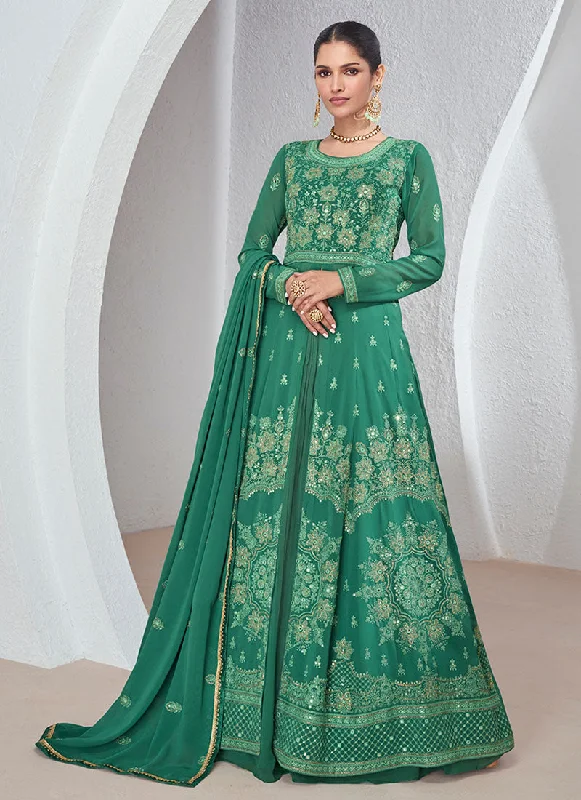 Green Golden Multi Embroidery Slit Style Anarkali Lehenga