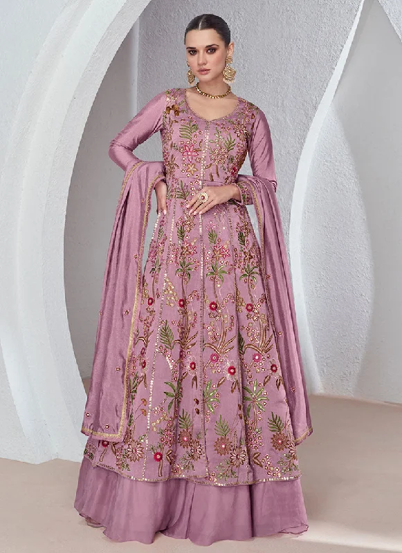 Lavender Multi Embroidery Slit Style Anarkali Lehenga