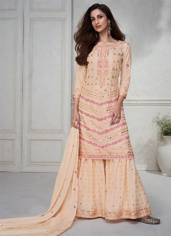 Light Peach Thread And Sequence Embroidery Palazzo Suit