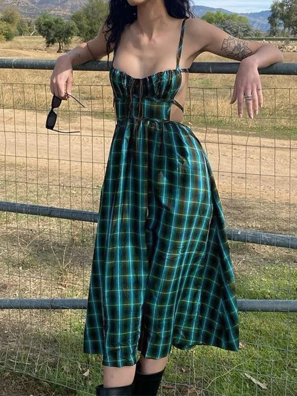 Backless Green Checkered Maxi Dress