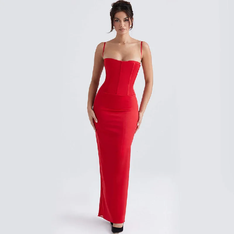 Sleeveless Corset Evening Maxi Dress - Red