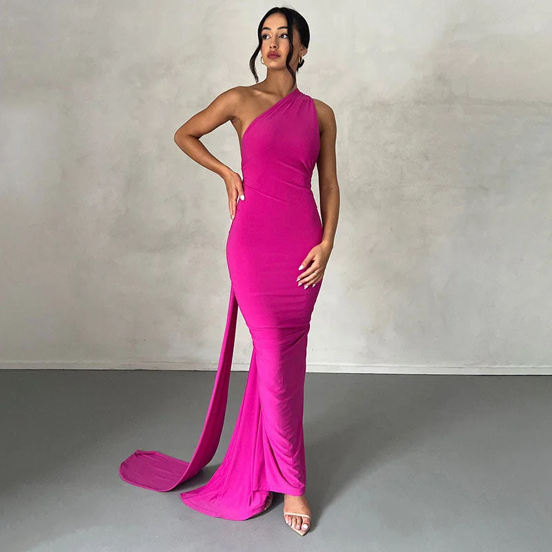 Solid Color One Shoulder Ruched Evening Maxi Dress - Hot Pink