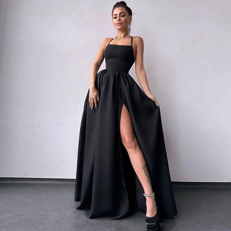 Solid Color High Split Lace Up Back Sleeveless Prom Maxi Dress - Black