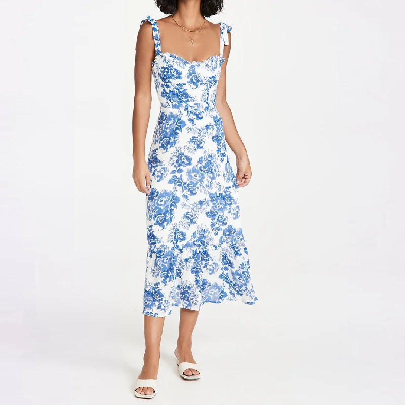 Summery Ruffle Trim Floral Printed Tie Strap Midi Sundress - Blue