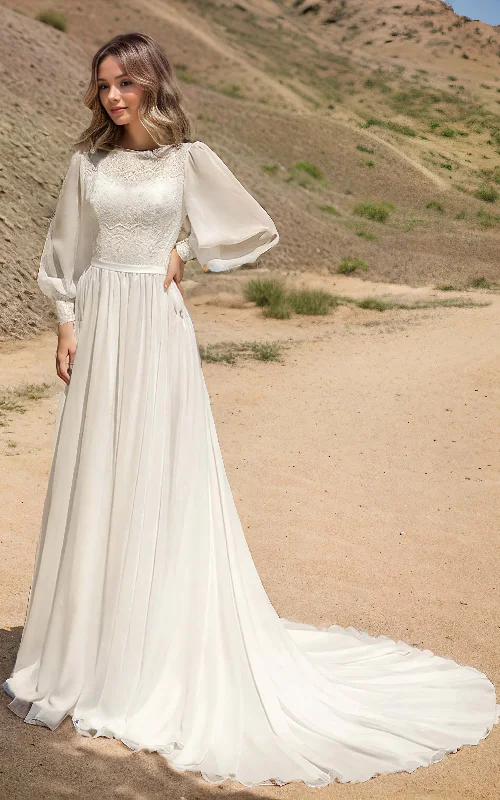 Modest Boho Beach Forest A-Line Lace Wedding Dress with Sleeves Floral Minimalist Boat Neck Chiffon Bridal Gown